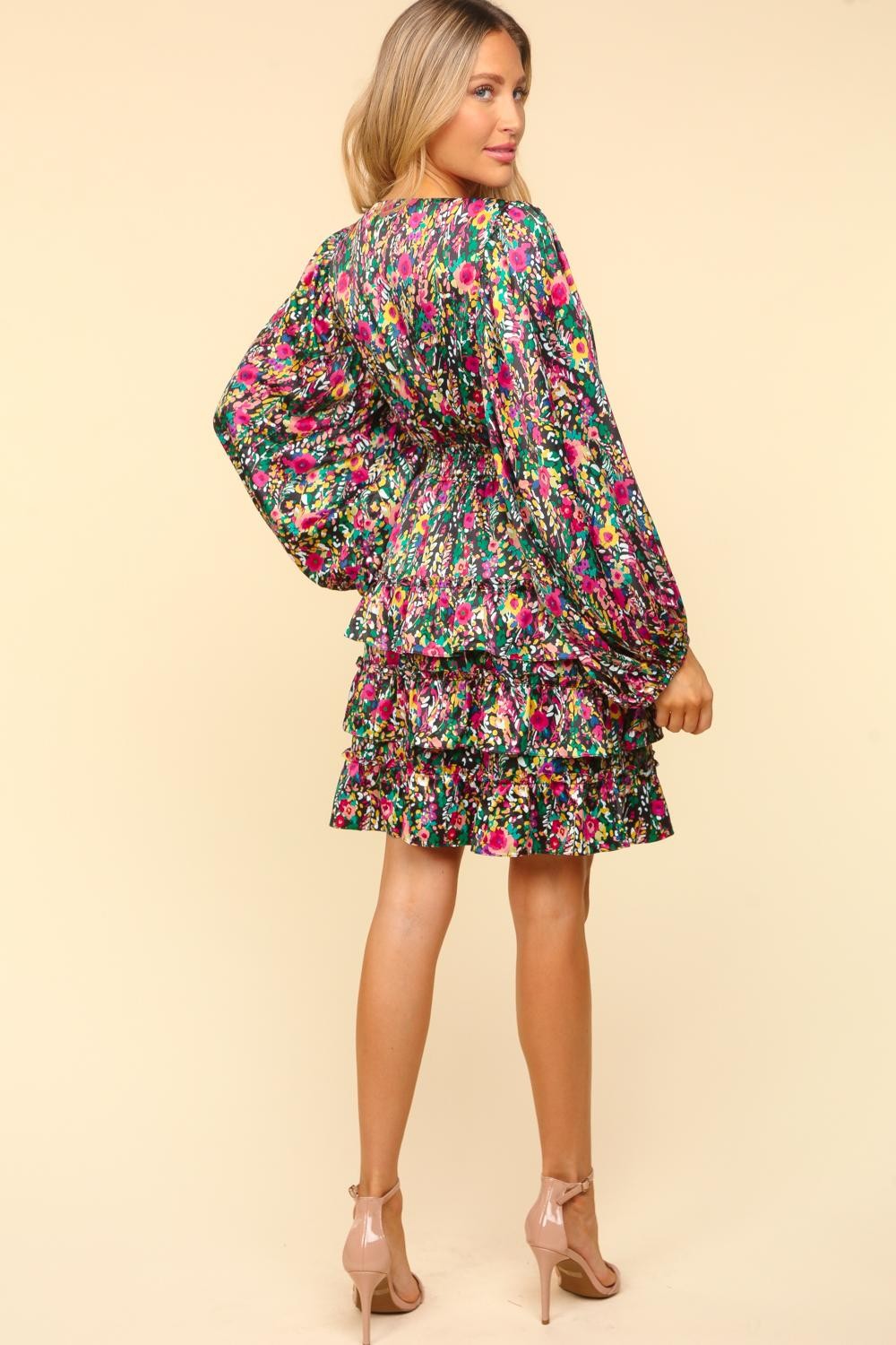 Bee Festive With This V-Neck Satin Floral Layered Dress