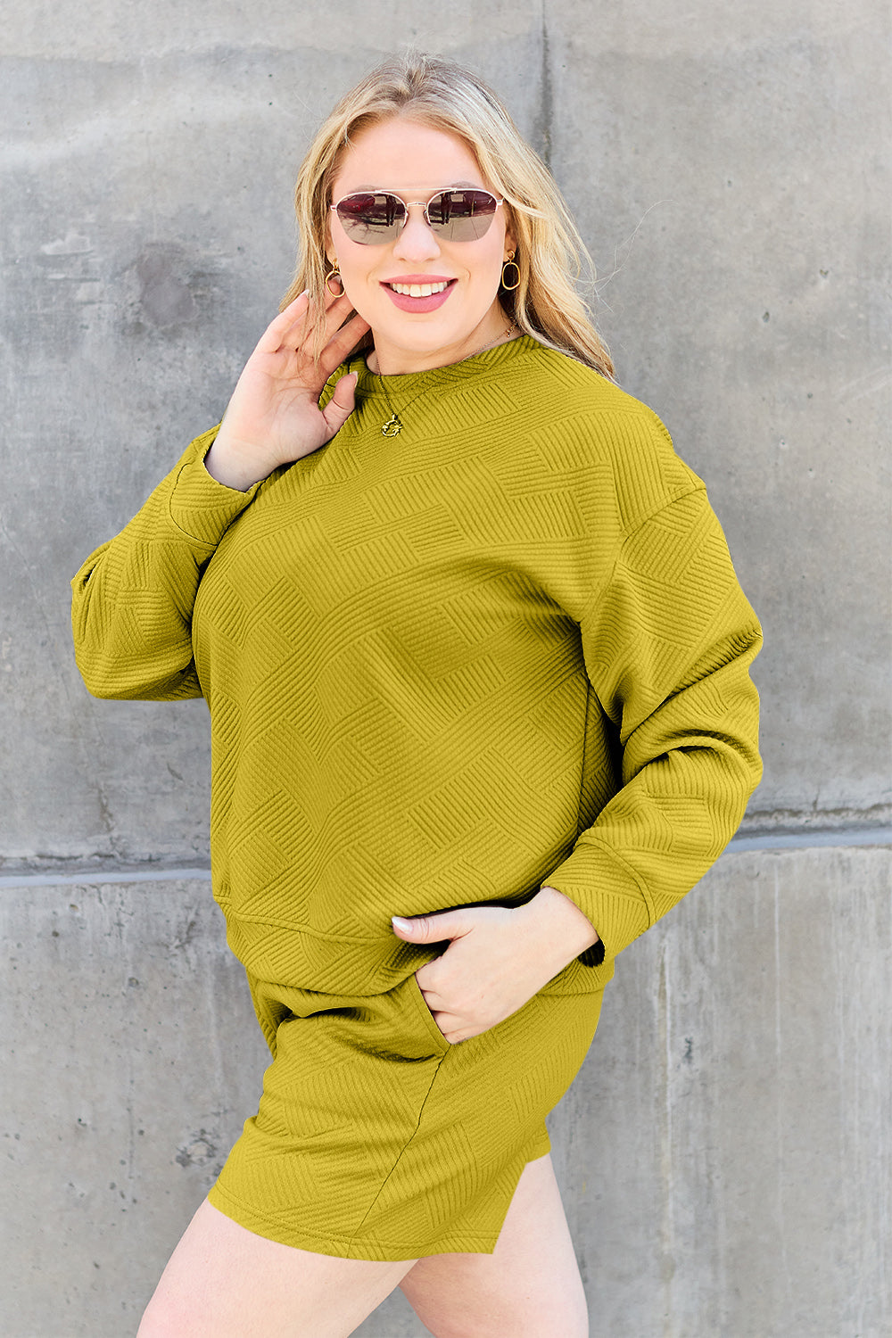 On The Go Texture Long Sleeve Top and Drawstring Shorts Set - Bee Creek Apparel