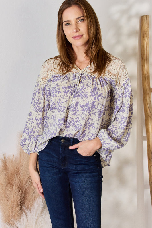 Hailey & Co Full Size Lace Accents Printed Blouse