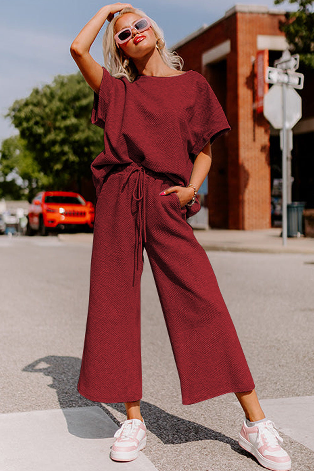 Textured Loose Fit T Shirt & Drawstring Pants Set