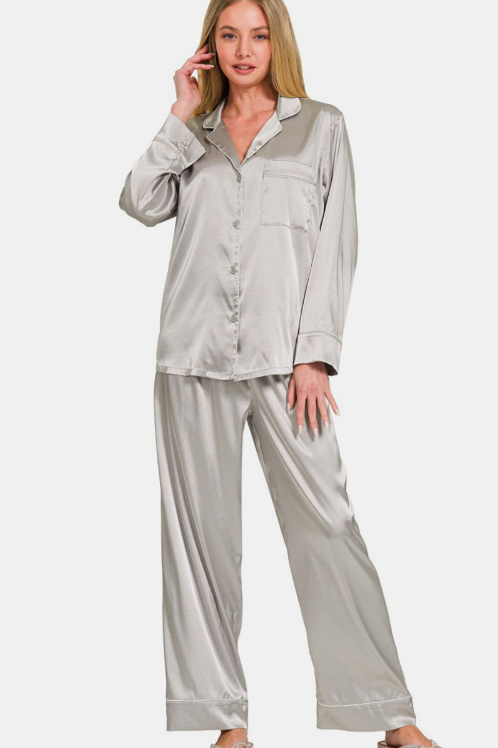 Zenana Satin Long Sleeve Shirt and Pants Pajama Set in Silver