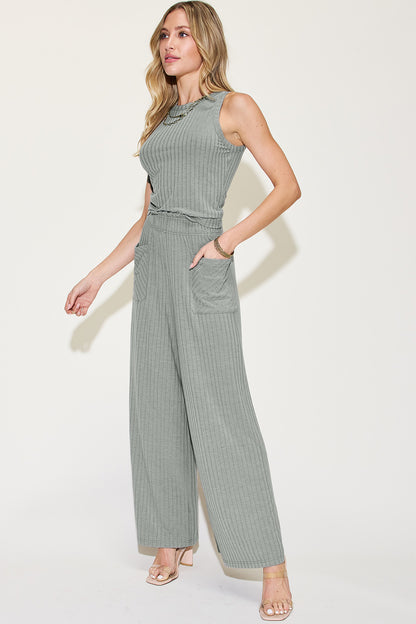 Basic Bee Ribbed Tank and Wide Leg Pants Set