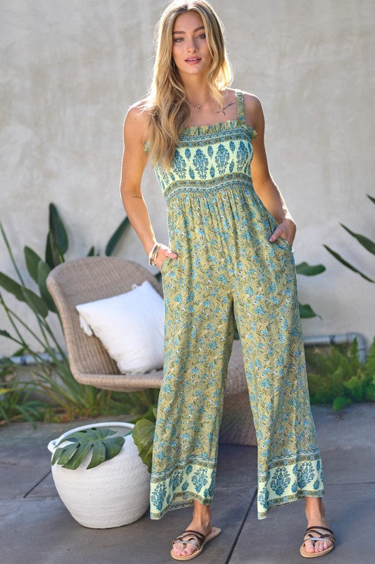 Floral Smocked Detail With Ruffle Jumpsuit - Bee Creek Apparel