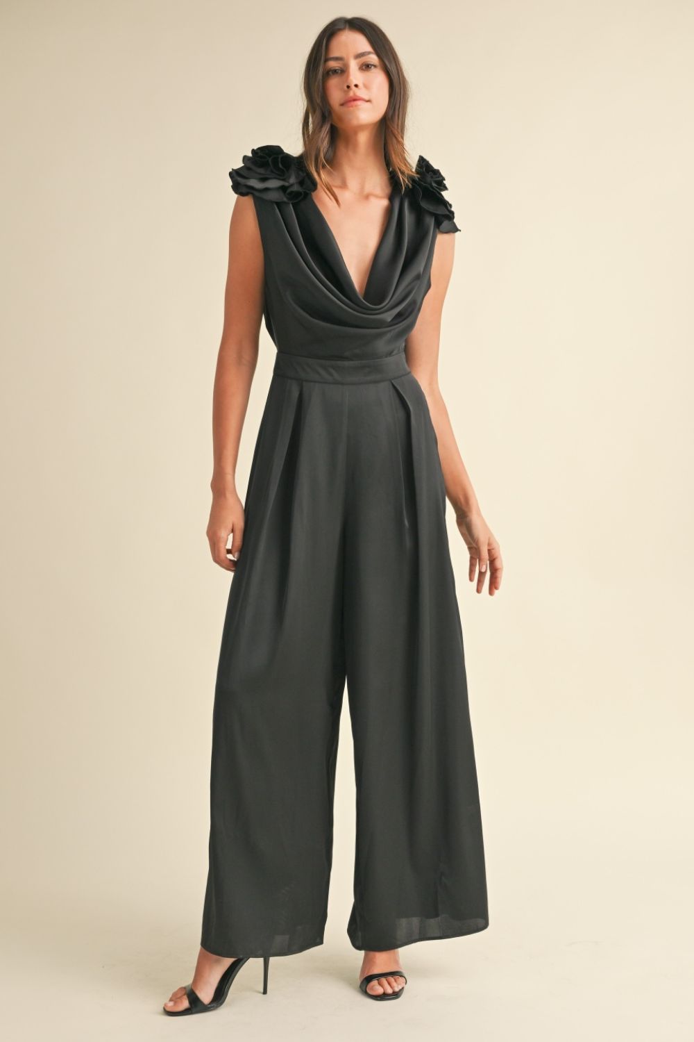 Try On This Stunning Satin And Embellished Floral Applique Cowl Neck Jumpsuit