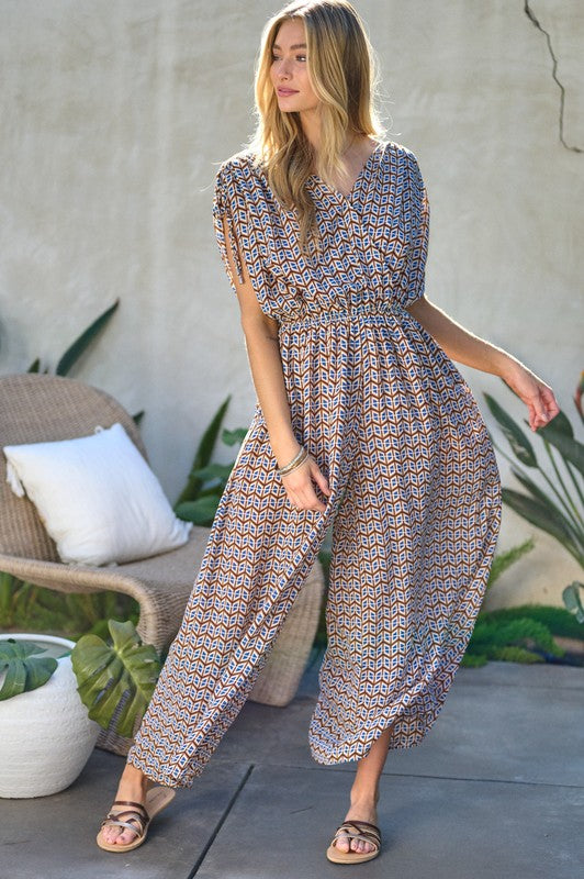 Printed V-Neck Sleeveless Jumpsuit - Bee Creek Apparel