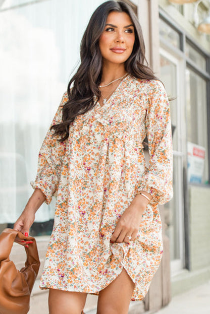 Yellow Boho Floral V Neck Ruffled High Waist Long Sleeve Mini Dress