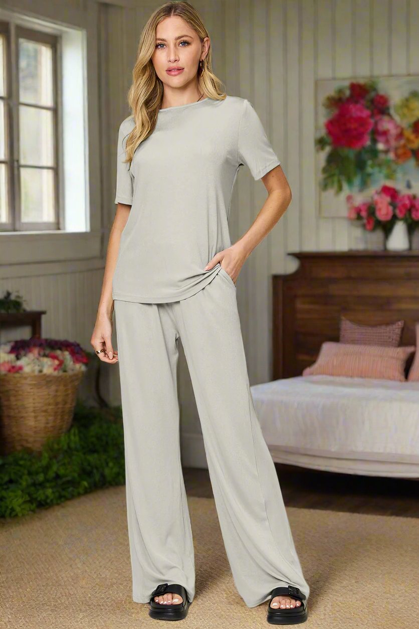 Bee Comfortable In This Round Neck Short Sleeve T-Shirt and Wide Leg Pants Set