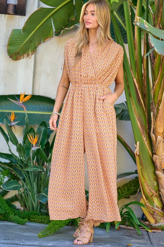Printed V-Neck Sleeveless Jumpsuit - Bee Creek Apparel
