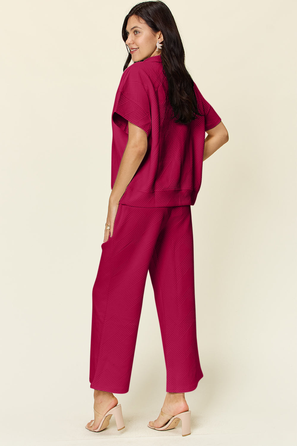 Do A Double Take Texture Half Zip Short Sleeve Top and Pants Set