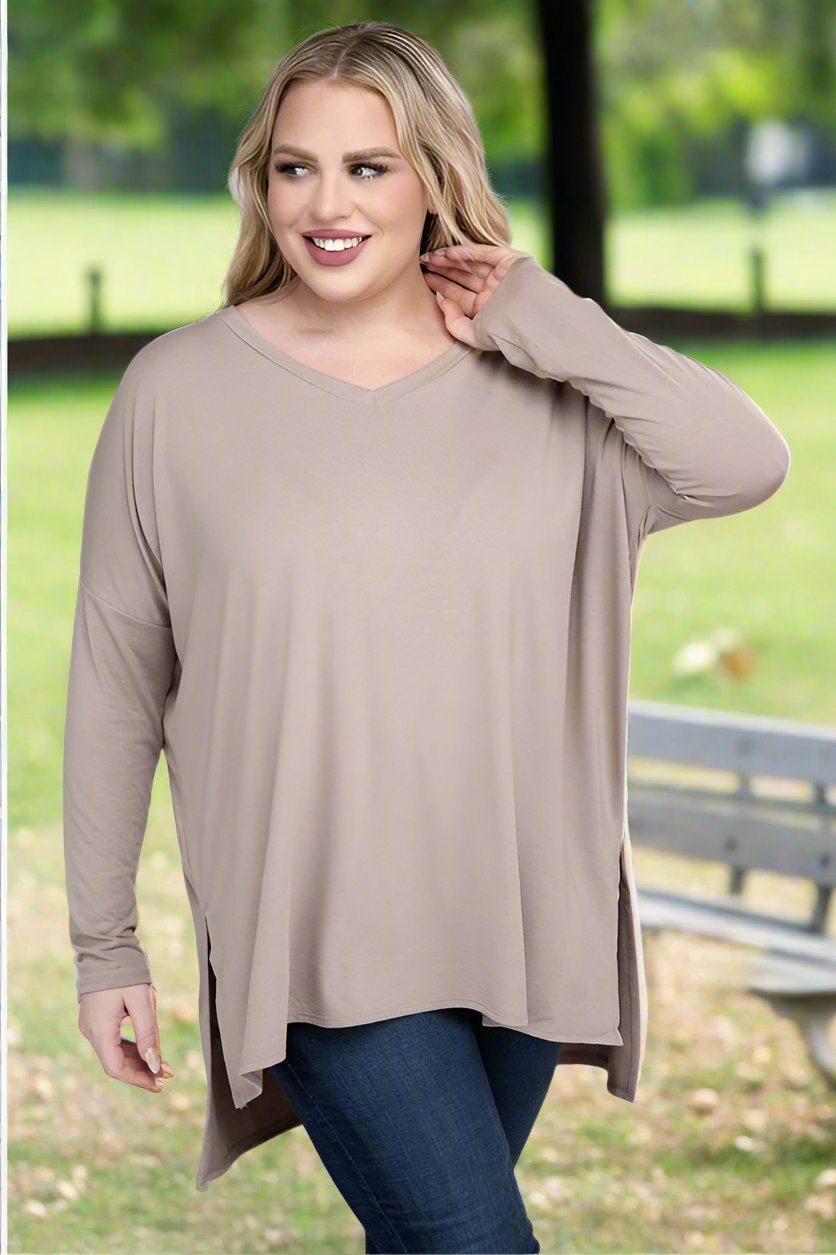 Plus Dolman Sleeve V-Neck Side Slit Hi-Low Hem Top