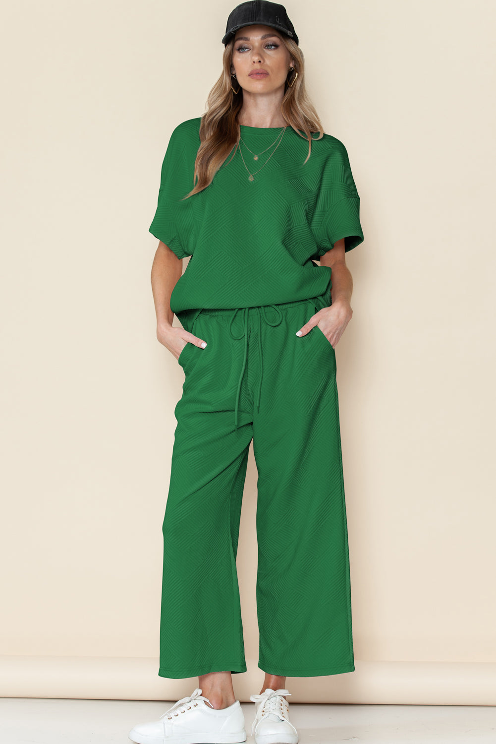 Textured Loose Fit T Shirt & Drawstring Pants Set