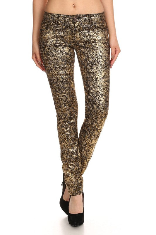 Step Into Style With These Low Rise Metallic Print Skinny Jeans Pants