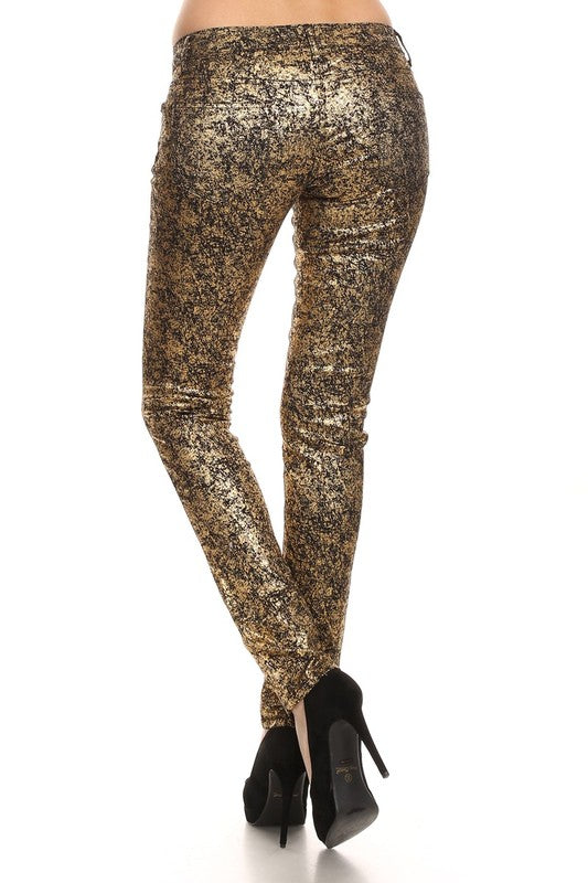 Step Into Style With These Low Rise Metallic Print Skinny Jeans Pants