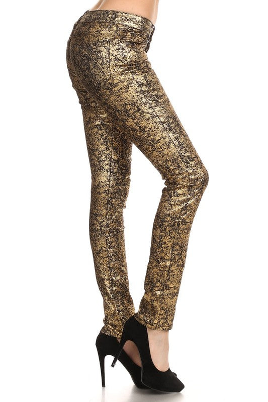 Step Into Style With These Low Rise Metallic Print Skinny Jeans Pants