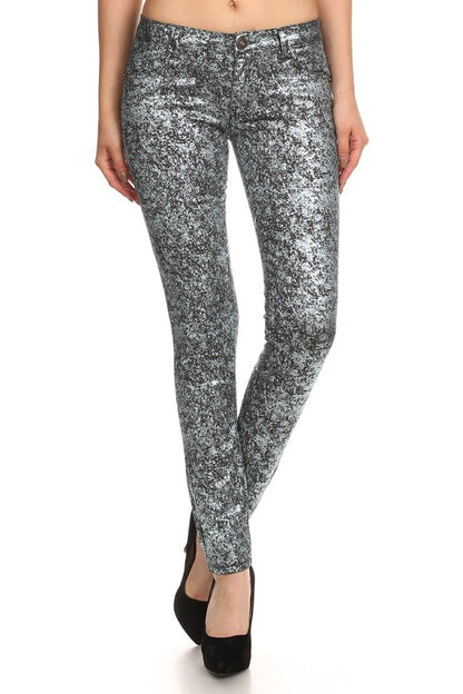 Step Into Style With These Low Rise Metallic Print Skinny Jeans Pants