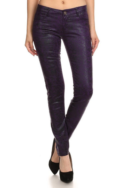 Step Into Style With These Low Rise Metallic Print Skinny Jeans Pants