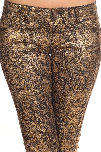 Step Into Style With These Low Rise Metallic Print Skinny Jeans Pants