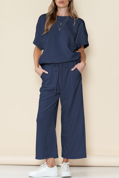 Textured Loose Fit T Shirt & Drawstring Pants Set