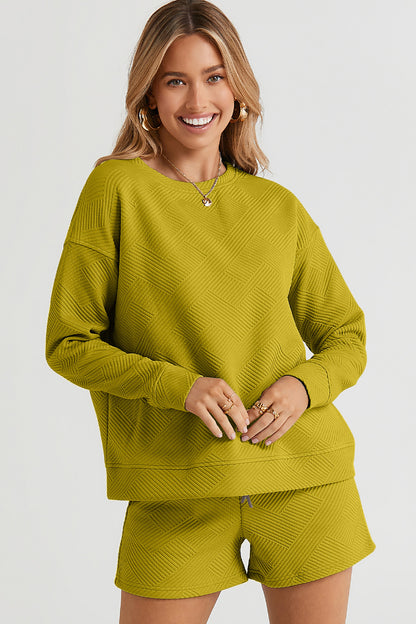 On The Go Texture Long Sleeve Top and Drawstring Shorts Set - Bee Creek Apparel