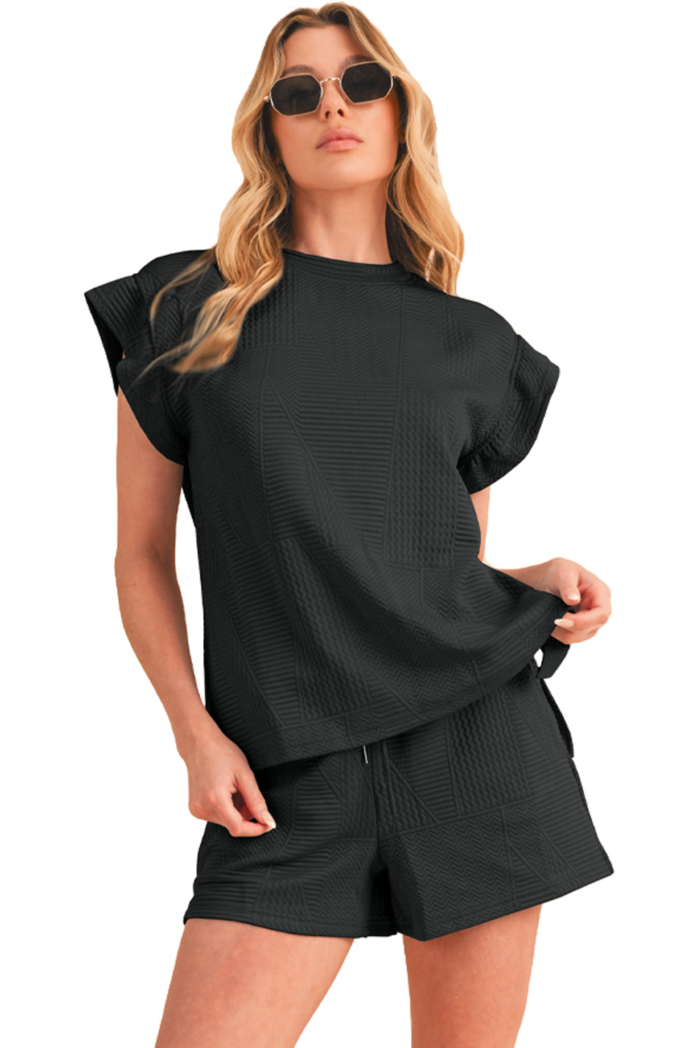 Black Textured Ruffle Split Top And Drawstring Shorts Set