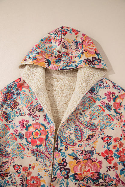 Beige Vintage Paisley Floral Printed Sherpa Lined Hooded Jacket