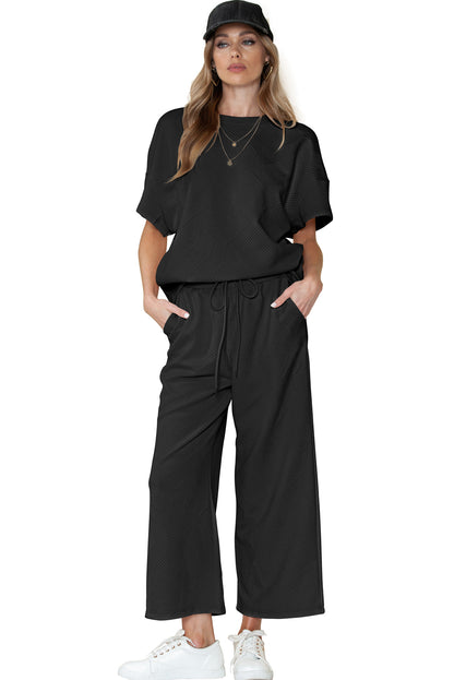 Textured Loose Fit T Shirt & Drawstring Pants Set