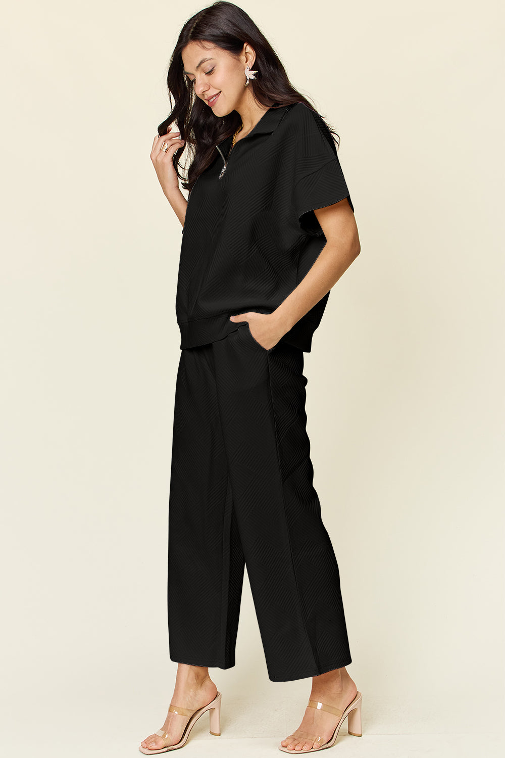 Texture Half Zip Short Sleeve Top and Pants Set