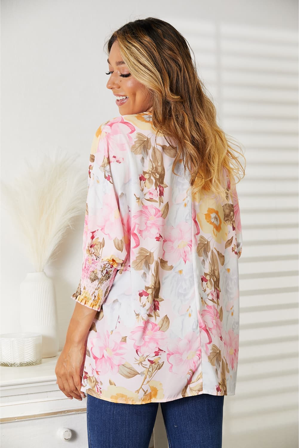 Blooming  Floral Round Neck Three-Quarter Sleeve Top