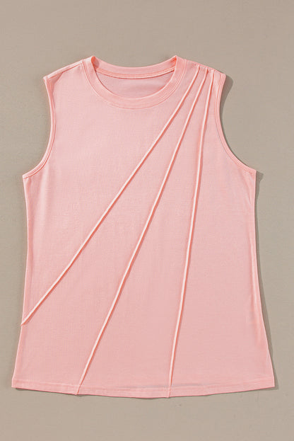 White Solid Color Crew Neck Pleated Tank Top