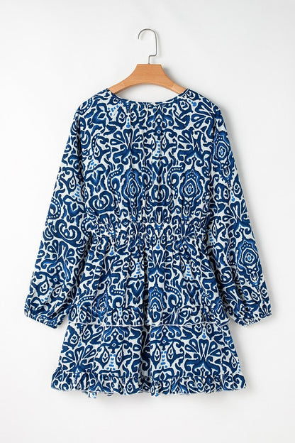 Print Lace-up V Neck Long Sleeve Mini Dress - Bee Creek Apparel