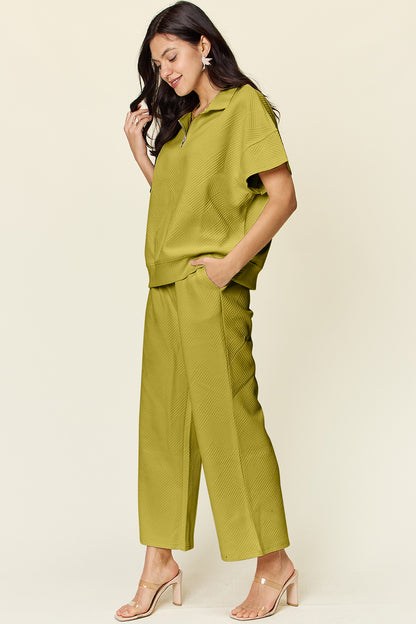 Do A Double Take Texture Half Zip Short Sleeve Top and Pants Set