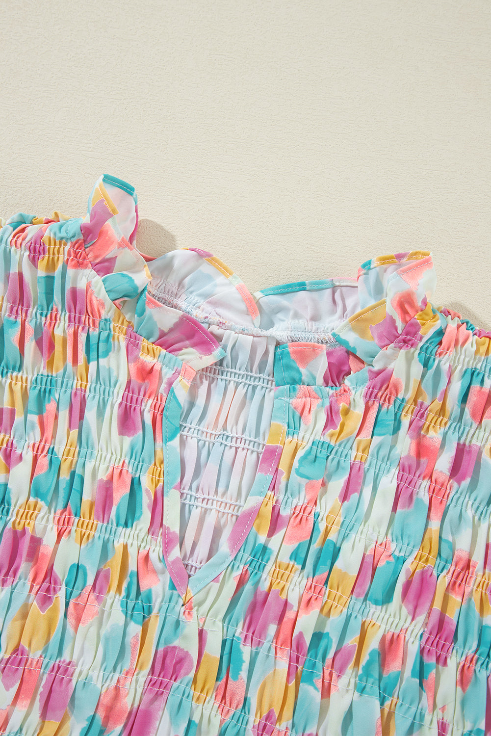 Sky Blue Smocked Frill Neck Yoke Ruffle Abstract Blouse