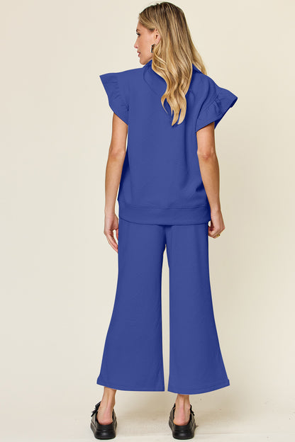 Our  Ruffle Short With Top and Drawstring Wide Leg Pant Set