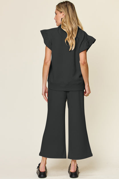 Our  Ruffle Short With Top and Drawstring Wide Leg Pant Set