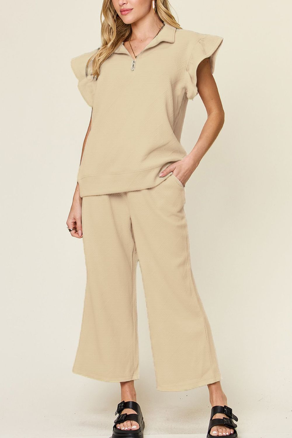 Our  Ruffle Short With Top and Drawstring Wide Leg Pant Set