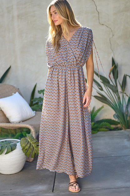 Printed V-Neck Sleeveless Jumpsuit - Bee Creek Apparel