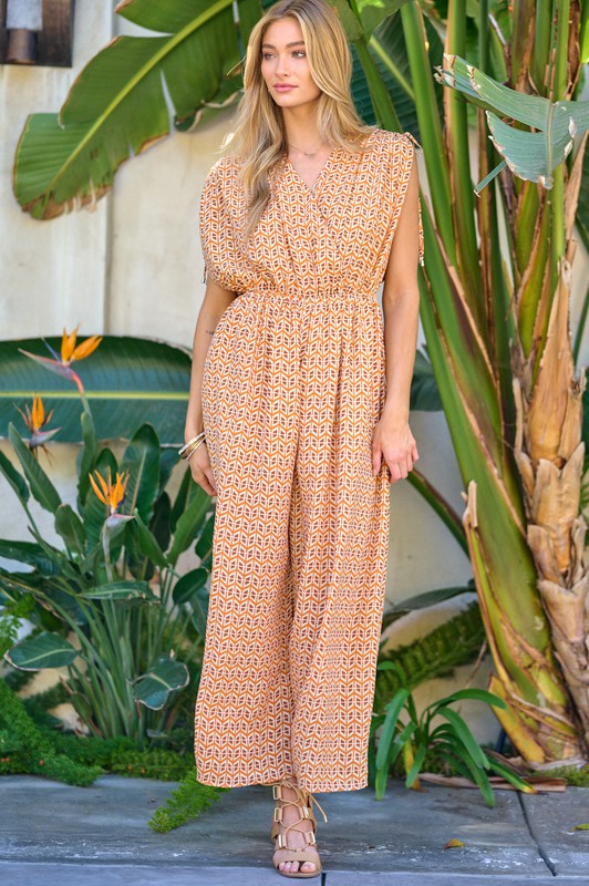 Printed V-Neck Sleeveless Jumpsuit - Bee Creek Apparel