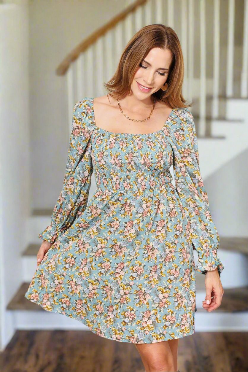 Honey Floral Smocked Flounce Sleeve Square Neck Dress