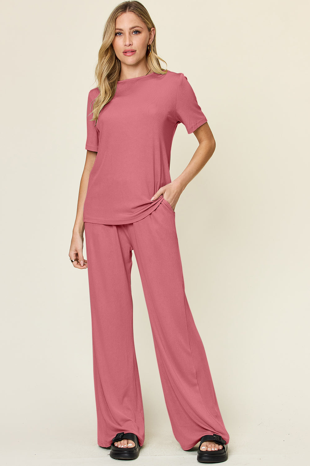 Bee Comfortable In This Round Neck Short Sleeve T-Shirt and Wide Leg Pants Set