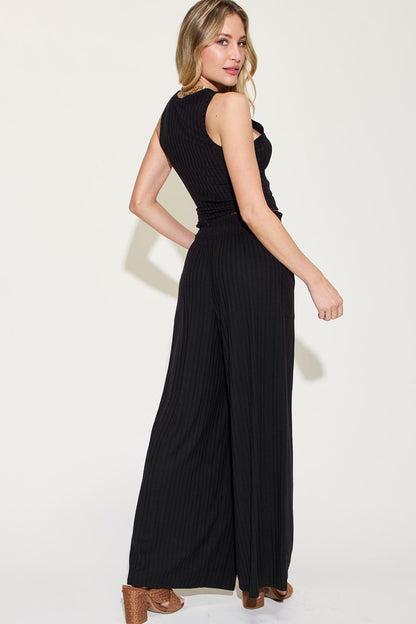 Basic Bee Ribbed Tank and Wide Leg Pants Set