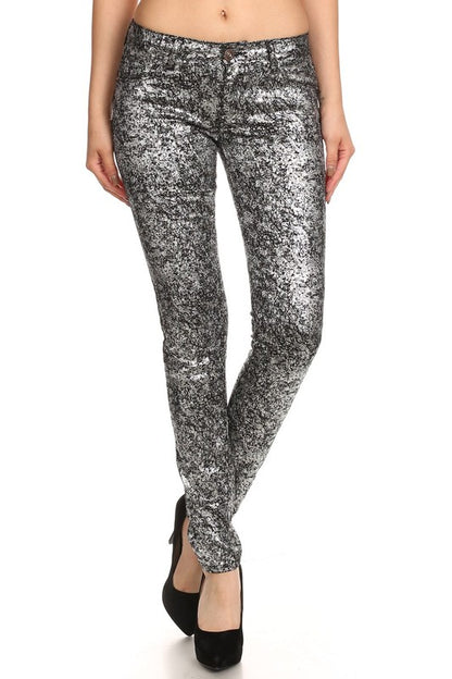 Step Into Style With These Low Rise Metallic Print Skinny Jeans Pants