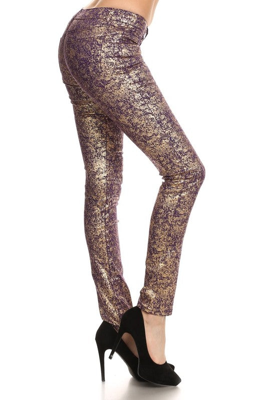 Step Into Style With These Low Rise Metallic Print Skinny Jeans Pants