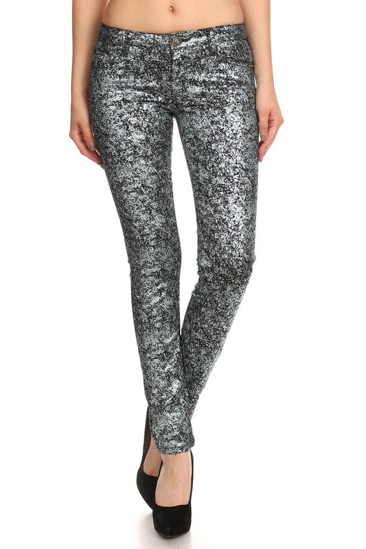 Step Into Style With These Low Rise Metallic Print Skinny Jeans Pants