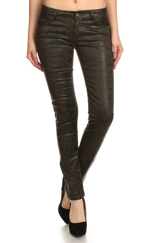 Step Into Style With These Low Rise Metallic Print Skinny Jeans Pants