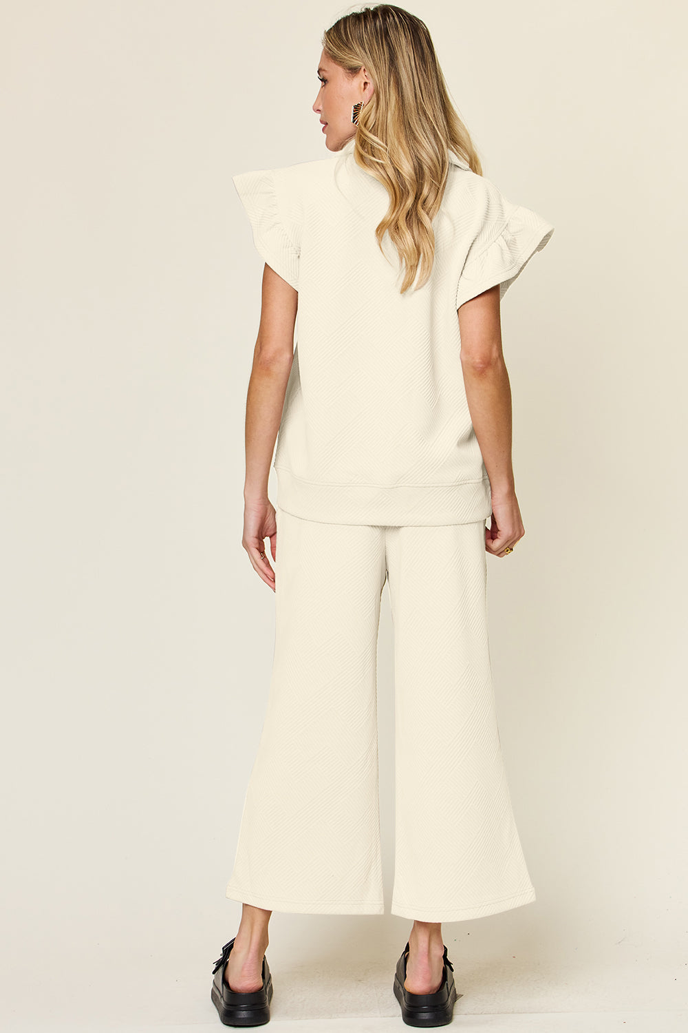 Our  Ruffle Short With Top and Drawstring Wide Leg Pant Set