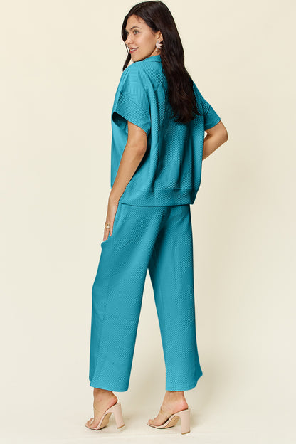 Do A Double Take Texture Half Zip Short Sleeve Top and Pants Set