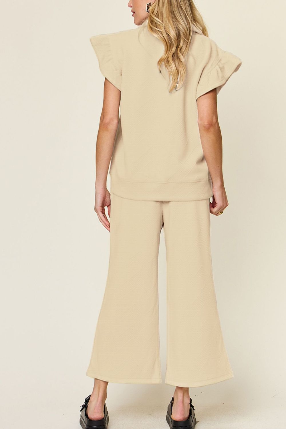 Our  Ruffle Short With Top and Drawstring Wide Leg Pant Set