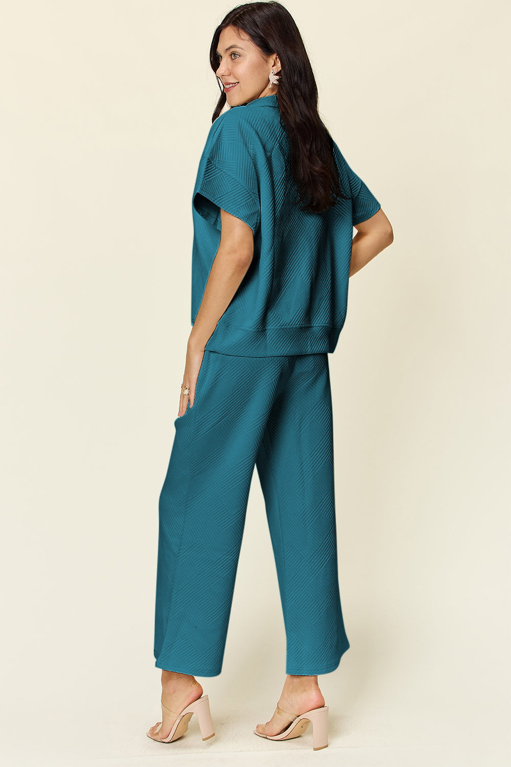 Texture Half Zip Short Sleeve Top and Pants Set