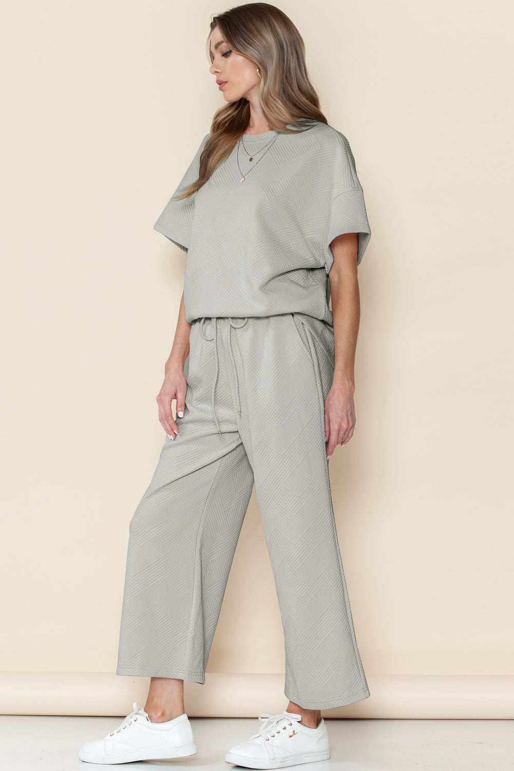 Textured Loose Fit T Shirt & Drawstring Pants Set