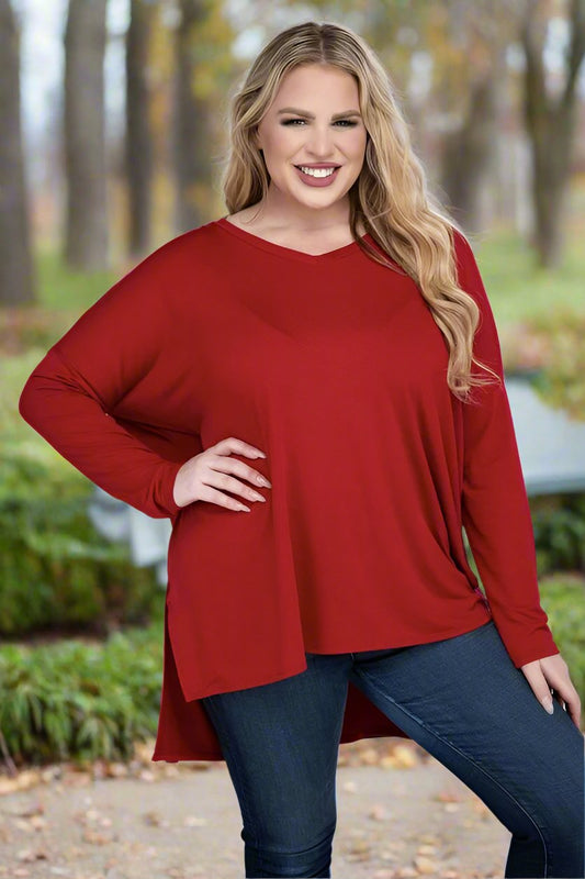 Plus Dolman Sleeve V-Neck Side Slit Hi-Low Hem Top